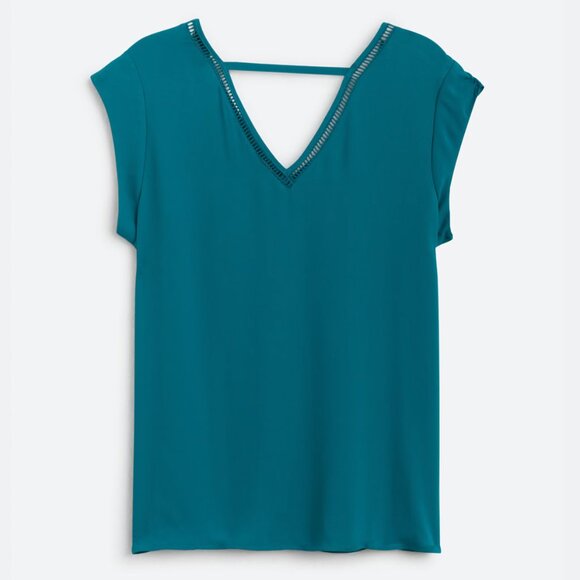 NEW Les Serein Teal V-Neck Blouse Small - Picture 2 of 5